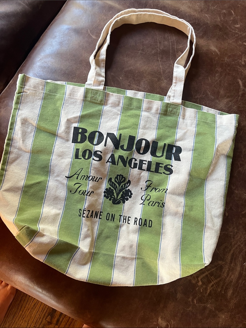 Sézane Bonjour Los Angeles Striped Canvas Tote - Green & Cream